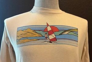 Vintage 80's Myrtle Beach, SC Sailing Windsurfing beige Longsleeve T Shirt Sz L - Picture 1 of 3