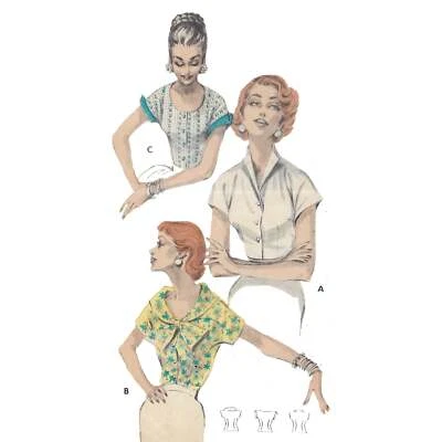 50s Pattern – Buttoned Front Blouse, Neckline Variations - Bust=34” (86.4cm) - Image 1 of 4