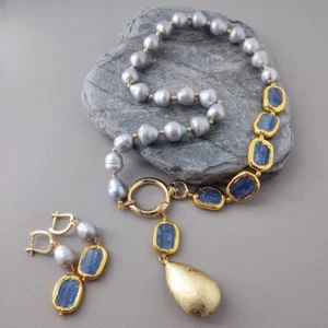 Conjuntos de aretes collar colgante lágrima cianita azul perla gris natural - Imagen 1 de 9
