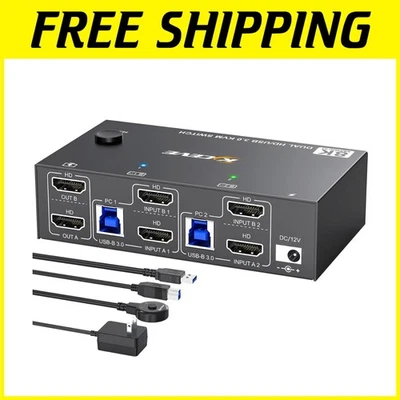 Driver-Free Dual Monitor KVM Switch - 8K Support, USB Hub, 12V Adapter Included - Image 1 of 4