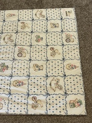 VTG Superbly HAND QUILTED EMBROIDERED heirloom Blue Baby Blanket wall art - Image 1 of 4