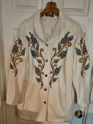  Bob Mackie Jacket White Wearable Art Embroidered Fleece 1X-LARGE GORGEOUS! - Image 1 of 4