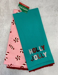 Set of 2 Kitchen dish towels 28" x 18"  Holly Jolly  Christmas Candy Canes - Picture 1 of 1
