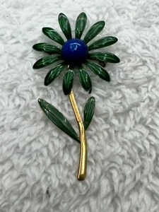 Blau und Kelly grüne Emaille langer Stiel Gänseblümchen Blume Vintage 70er hübsche Brosche floral - Bild 1 von 10