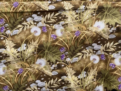 Vintage Timeless Treasures Fabric Nature Browns Purple Green Dandelions 4Y x 44" - Image 1 of 3