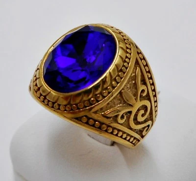 МУЖСКОЕ КОЛЬЦО КОРОЛЕВСКИЙ СИНИЙ САПФИР НЕРЖАВЕЮЩАЯ СТАЛЬ ЗОЛОТО FLEUR DE LIS СЛОН РАЗМЕР 10,5 - Изображение 1 из 4