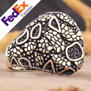 Black CZ Stone 925 Sterling Silver Turkish Handmade Nugget Men's Ring All Sizes