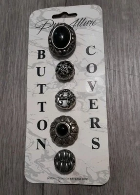 Vintage Pure Allure Set of 5 New Button Covers Silvertone Black Cabachon  - Image 1 of 2