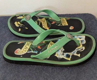 Chanclas Ed Hardy para mujer talla 8 verde negro rosa logotipo sin cordones tanga logotipo Foto 1 de 4