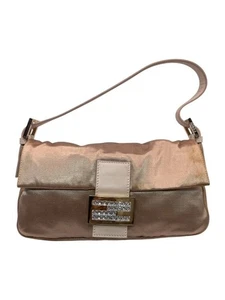 Fendi Satin Baguette Bag Champagne Gold Leather Accent USED from Japan F1023 - Picture 1 of 8