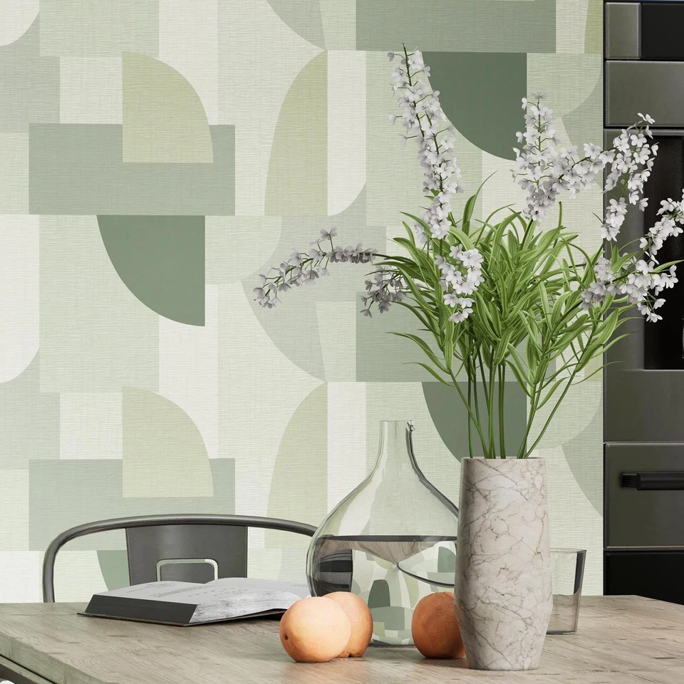 Abstract Mosaic Wallpaper Ceruti 1422 Retro Geometric Art Green Feature Wall