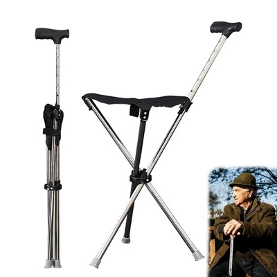 Gehstock mit Sitz, 80-90cm Faltbar Sitzstock, Spazierstock mit Sitz und - Bild 1 von 4