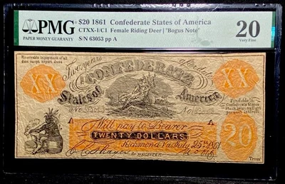FEMALE RIDING DEER $20 1861 Confederate States Banknote Fantasy Note, CT-XX PMG - Image 1 of 4