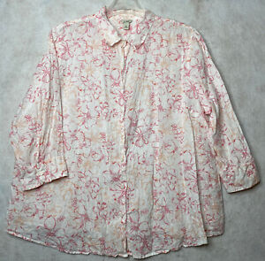 LL Bean Womens Shirt 2X White Pink Peach Floral 100% Linen Long 3/4 Sleeve Beach