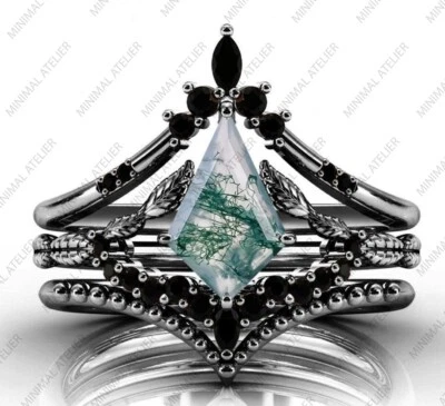 Juego de anillos de piedras preciosas de ágata de musgo y corona de circonita cúbica, plata de ley 925 chapado en oro regalo para Foto 1 de 2