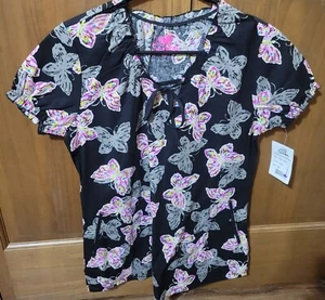 NWT - I LOVE SCRUBS BRAND SCRUB TOP -BLACK W/BUTTERLY PRINT - SIZE X-SMALL - Picture 1 of 4