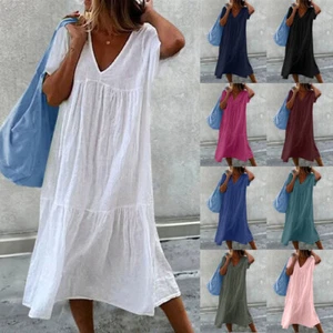 PLUS SIZE Ladies V Neck Linen Cotton Holiday Loose Baggy Kaftan Dress Size 8-22 - Picture 1 of 20
