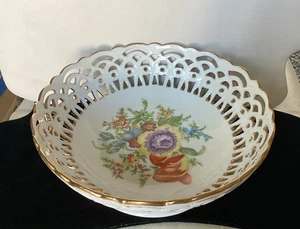 Open Work Rim Bowl Gold Trim Floral Pattern Vintage 8” - Picture 1 of 6