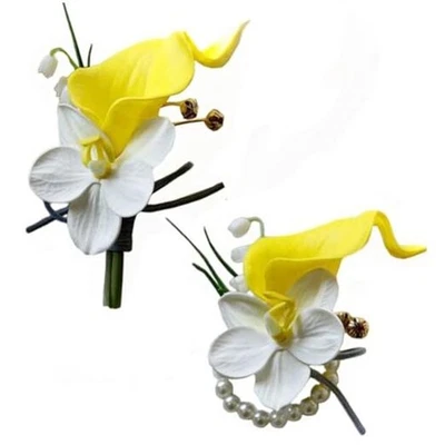  2 Pieces Corsage and Boutonniere Set, Artificial Calla Lily& Yellow+white - Image 1 of 4
