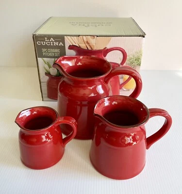 3 Piece Red Ceramic Pitcher Set HomeEssentials La Cucina- 20, 47 & 101 Oz. - Image 1 of 4