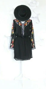 Boohoo Embroidered Boho Peasant Dress Women's 6 Black Long Slv Festival - Picture 1 of 11