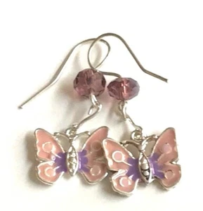 Pink Butterfly Earrings Easter Pastel Silver Plated Beaded Enamel Purple - Picture 1 of 5