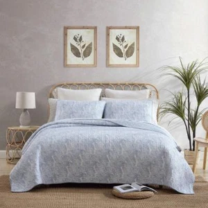 Tommy Bahama 3-Piece Quilt Set Full/Queen Cotton Distressed Water Leaves Blue - Picture 1 of 10