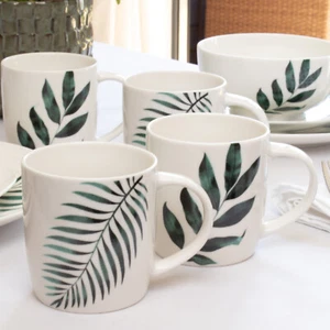 Emerald Green Leaf Mugs 300ml Set Of 6 Country Leaves Barrel Hot Coffee Tea Cups - Picture 1 of 4
