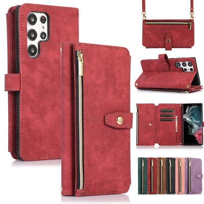 For Samsung Galaxy S22 S21 Note 20 Crossbody Strap Zipper Wallet Flip Phone Case - Image 1 of 4