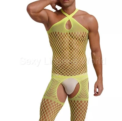 Hombre Ropa Interior Body Medias Rejilla Sexy Entrepierna Abierta Todo en Uno - Imagen 1 de 4