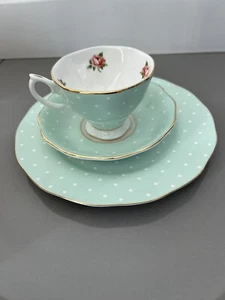 1 Royal Albert England Polka Rose Mint Green Teacup Saucer Set + Dessert Plate - Picture 1 of 9