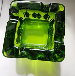 VTG MCM Green Viking Glass Square Ashtray Heavy 4.5" x 2.5" Blown Bubbles - Picture 1 of 20