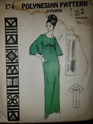 POLYNESIAN Pattern "O'PIOPIO" 174 - Bell Sleeve Empire Dress - Bust 32 -UC - Image 1 of 4