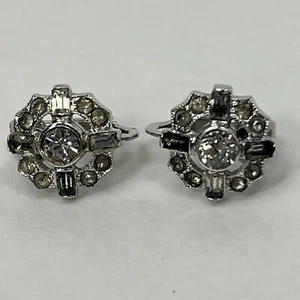 Vintage Crown Trifari Clear Rhinestone Clip On Earrings Silver tone Flower - Picture 1 of 7