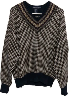VTG Nautica Cotton Blend Sweater Mens Med Navy Houndstooth Fairisle  - Image 1 of 4