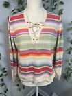 Chaps Petite RL Women Sz PL Southwestern Striped Pullover Sweater Laced Front