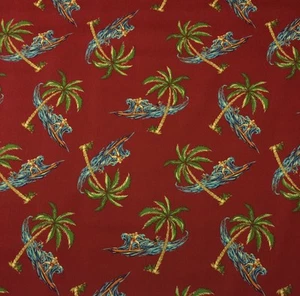 TELA MULTIUSOS DE PALMERA SURFISTA WAVERLY HANG TEN ROJO #D4012 POR YARDA 54"W - Imagen 1 de 5