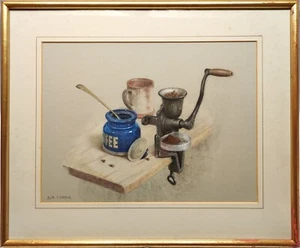ALLAN COWNIE ORIGINAL STILL LIFE PASTEL PAINTING, COFFEE GRINDER AND MUG, SIGNED - Picture 1 of 24