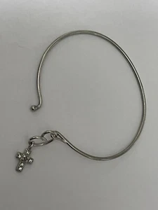 Stunning Sterling Silver Hook Bangle Bracelet W/ Diamond Ruby Cross Dangle Charm - Picture 1 of 9