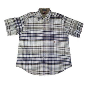 Tommy Hilfiger Shirt Men XL Blue Gold Plaid Short Sleeve Casual Button Down * - Picture 1 of 9