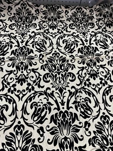 Black Cut Velvet Damask On Ecru  Upholstery Fabric 57” X 80” - Picture 1 of 11