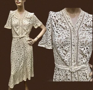 VTG 1930s  SPIDER WEB & APPLIQUÉ LACE *Bonnie Parker GUNMOLL FLAPPER DRESS  XS - Picture 1 of 13