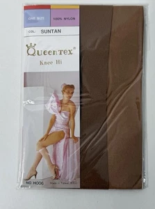 Queentex Stockings Womens  One Size Knee High Suntan Nylons Vintage Pull Up New - Picture 1 of 6