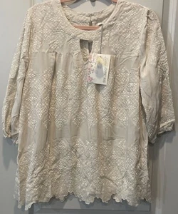 Johnny Was Floral Prism Key Blouse Ivory 100% Silk Size Medium NWT - Picture 1 of 11