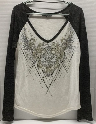 Miss Me Multicolor Multi Embellished V-Neck Long Sleeve Top - Women's L **GUC** - Image 1 of 4