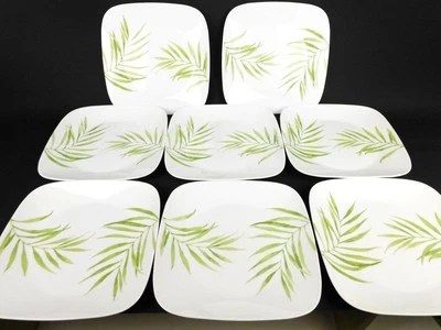 Corelle Bamboo Leaf Dinner Plates 10 1/2" Lot of (8) Square Green & White - Image 1 of 4