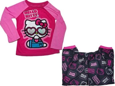 Hello Kitty Pink and Black 2 Piece Pajama Set Long Sleeve Girls Size Small (5) - Image 1 of 4