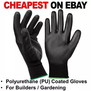 12 or 24 Pairs Nylon PU Safety Work Gloves Builders Gardening Grip Black (S-XL) - Picture 1 of 5