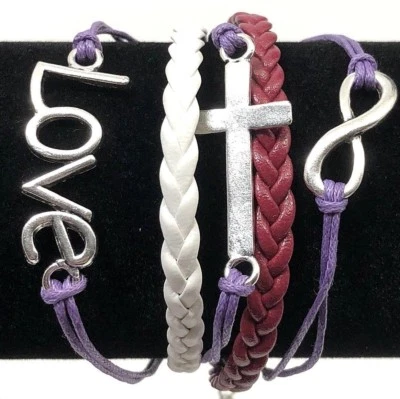 Pulsera Amistad Tema Ajustable Infinito Cruz Amor Púrpura Vino Blanco NUEVO Foto 1 de 4