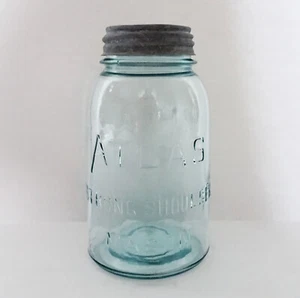 Antique Atlas Strong Shoulder Mason Canning Jar Dropped A Aqua Blue Zinc Lid 1qt - Picture 1 of 13